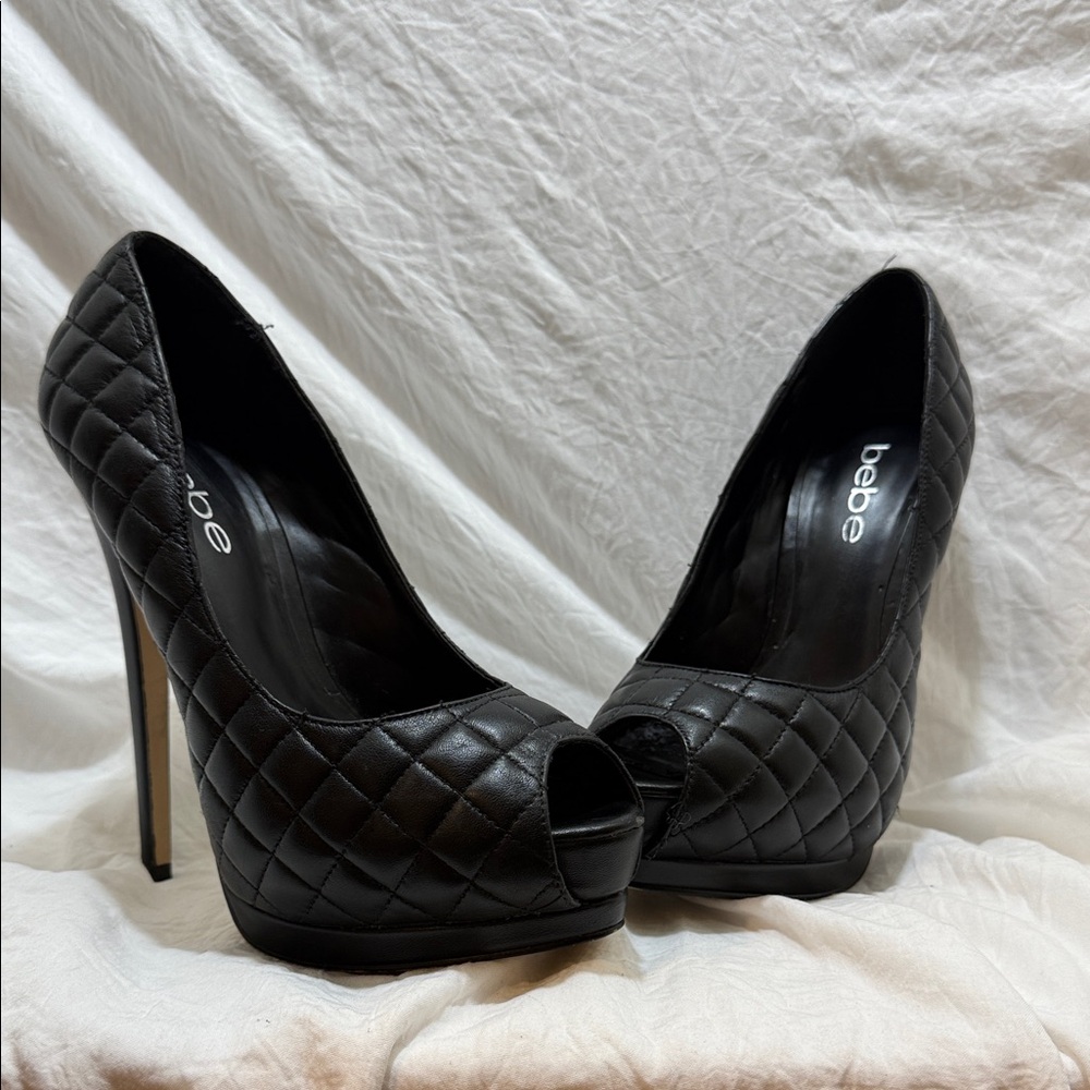 Bebe Quilted Black Peep Toe Heels